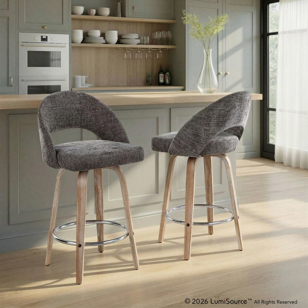 Renee Upholstered 26" Fixed-Height Counter Stool - Set of 2 - Whitewashed Wood, Dark Grey Fabric, Chrome Metal