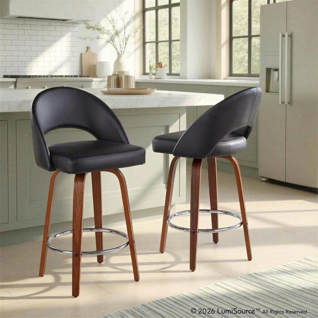 Renee Upholstered 26" Fixed-Height Counter Stool - Set of 2 - Walnut Wood, Black PU, Chrome Metal