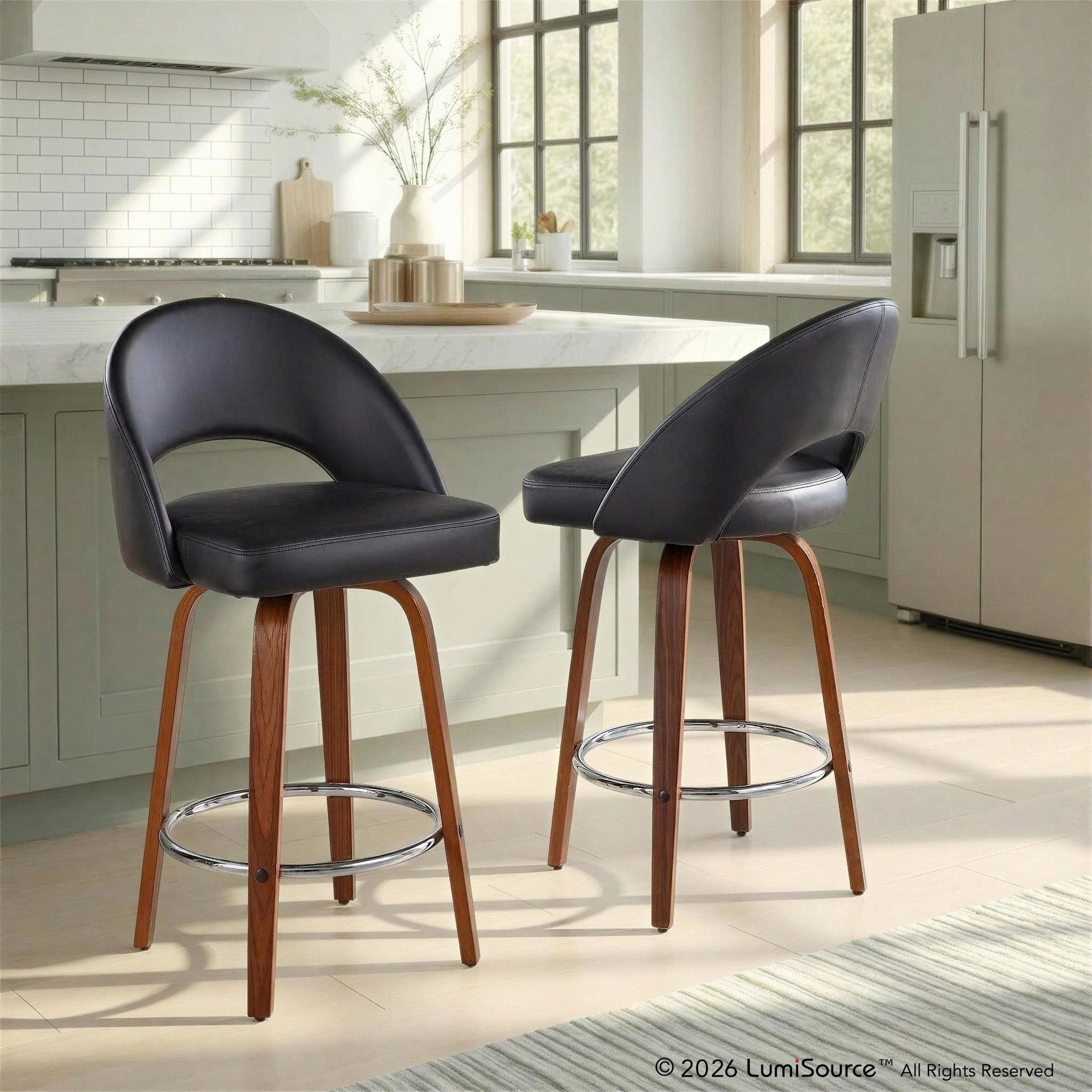 Renee Upholstered 26" Fixed-Height Counter Stool - Set of 2 - Walnut Wood, Black PU, Chrome Metal