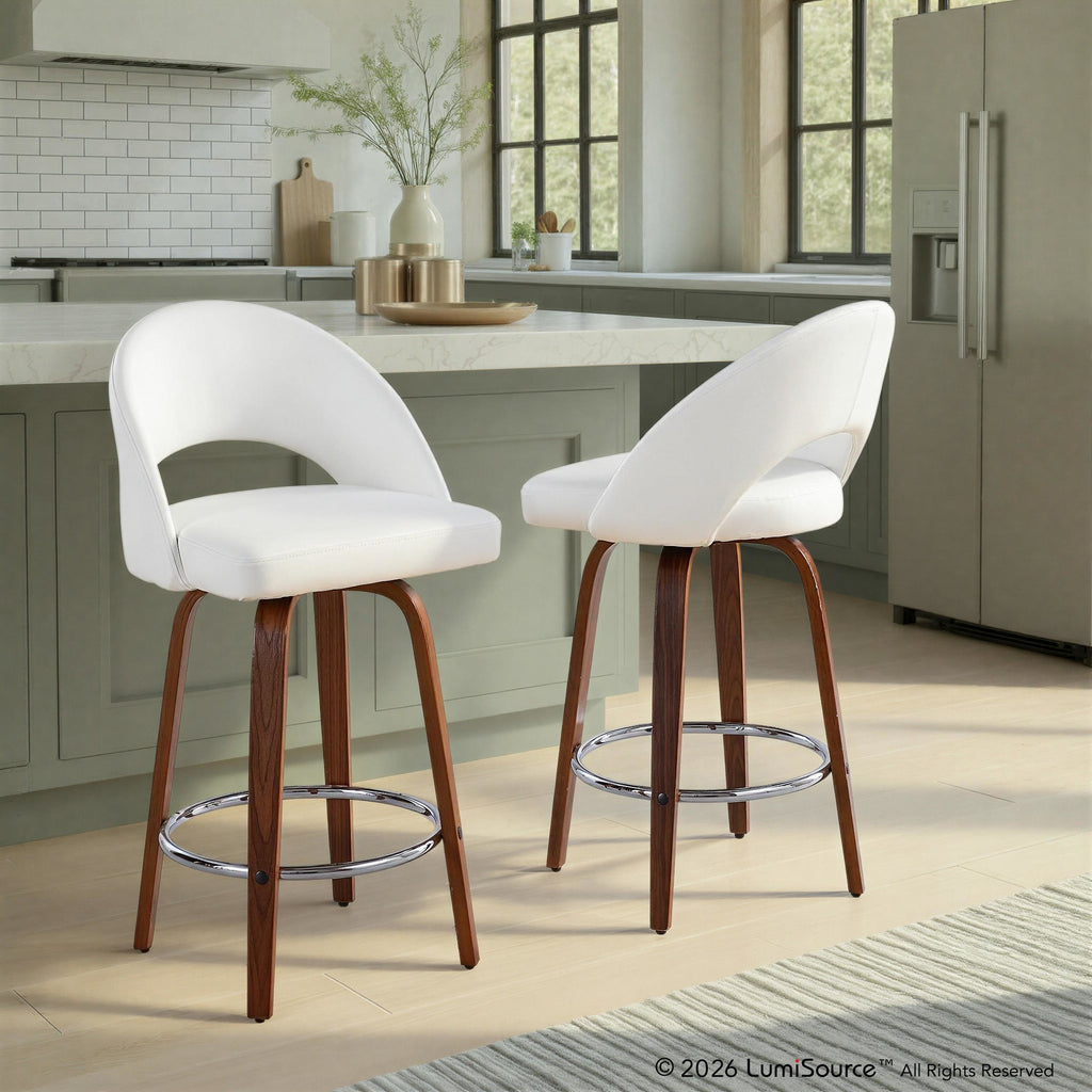 Renee Upholstered 26" Fixed-Height Counter Stool - Set of 2 - Walnut Wood, White PU, Chrome Metal