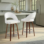 Renee Upholstered 26" Fixed-Height Counter Stool - Set of 2 - Walnut Wood, White PU, Chrome Metal