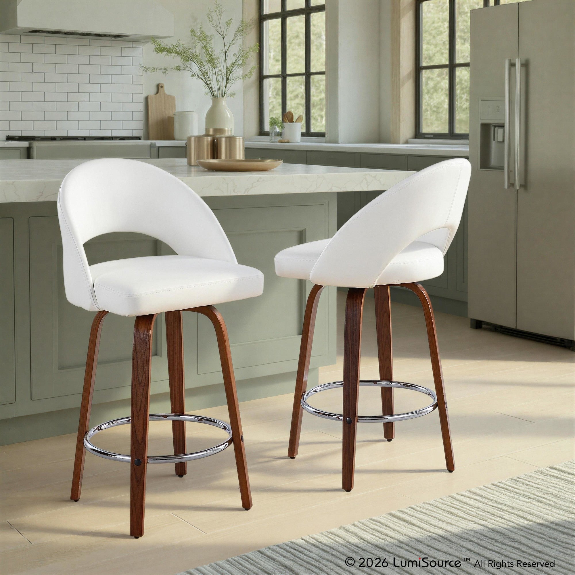 Renee Upholstered 26" Fixed-Height Counter Stool - Set of 2 - Walnut Wood, White PU, Chrome Metal