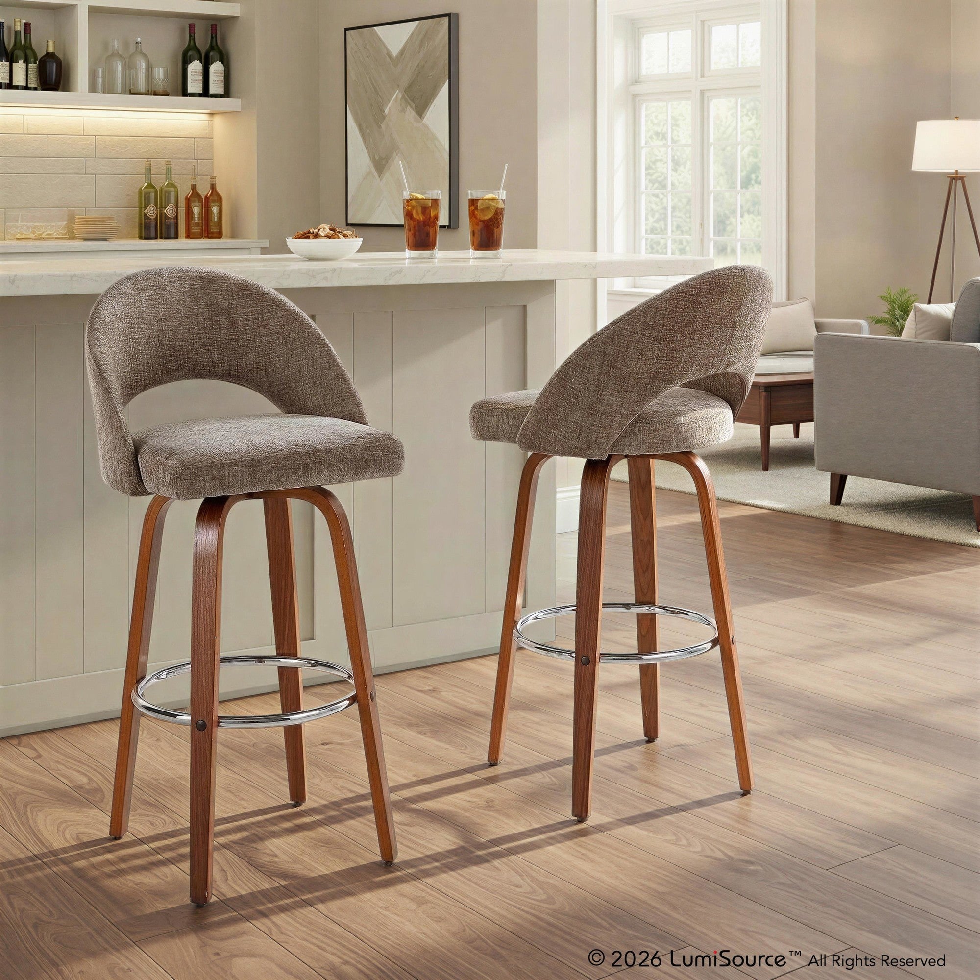 Renee Upholstered 30" Fixed-Height Barstool - Set of 2 - Walnut Wood, Brown Fabric, Chrome Metal