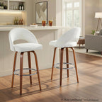 Renee Upholstered 30" Fixed-Height Barstool - Set of 2 - Walnut Wood, Cream Fabric, Chrome Metal