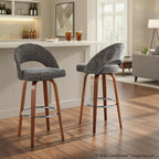 Renee Upholstered 30" Fixed-Height Barstool - Set of 2 - Walnut Wood, Dark Grey Fabric, Chrome Metal