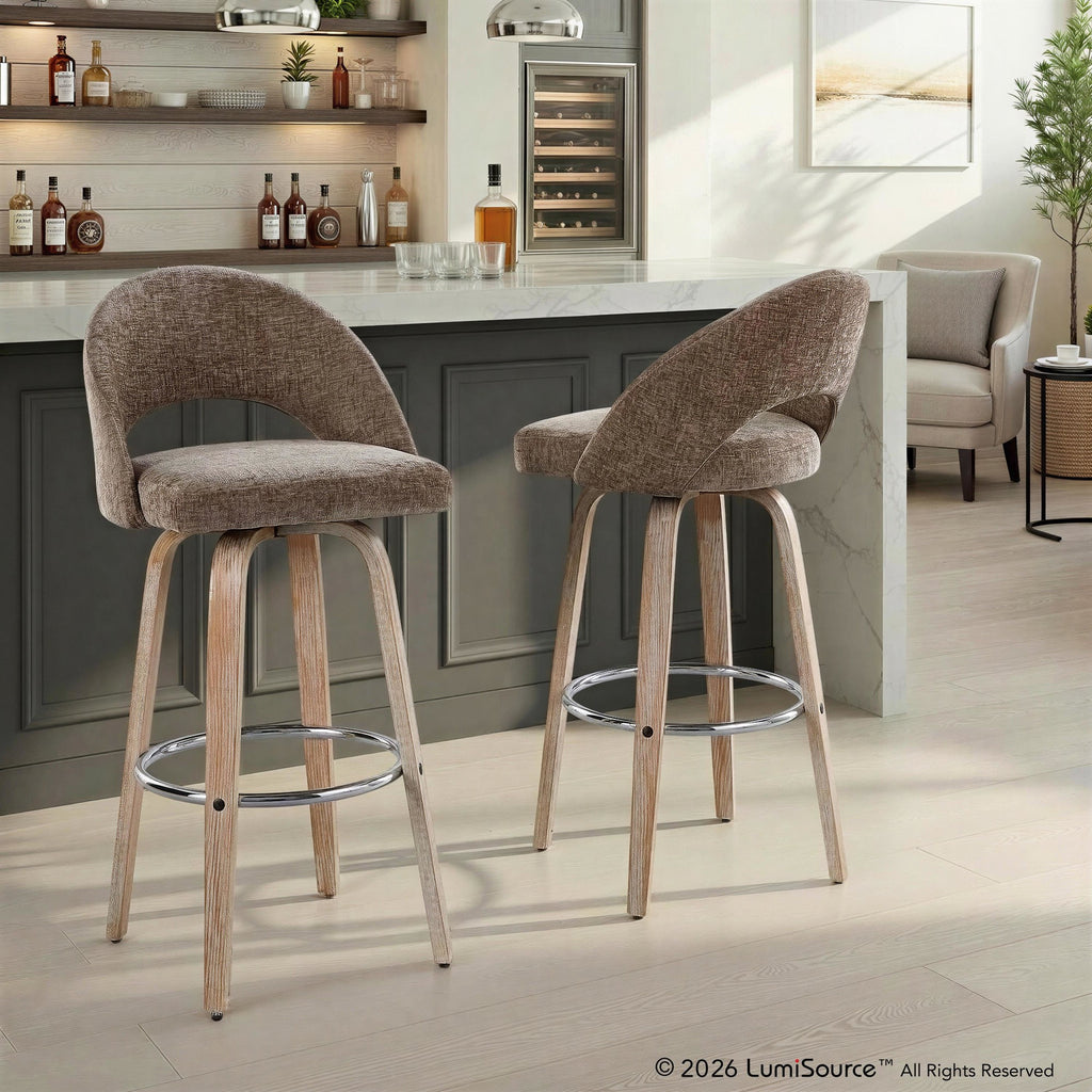 Renee Upholstered 30" Fixed-Height Barstool - Set of 2 - Whitewashed Wood, Brown Fabric, Chrome Metal