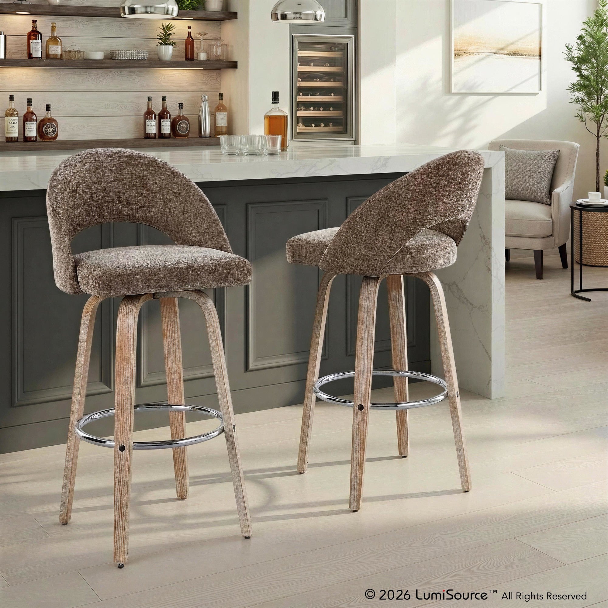 Renee Upholstered 30" Fixed-Height Barstool - Set of 2 - Whitewashed Wood, Brown Fabric, Chrome Metal