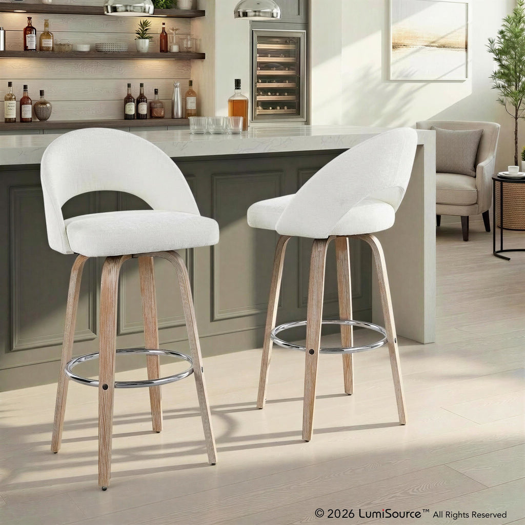 Renee Upholstered 30" Fixed-Height Barstool - Set of 2 - Whitewashed Wood, Cream Fabric, Chrome Metal