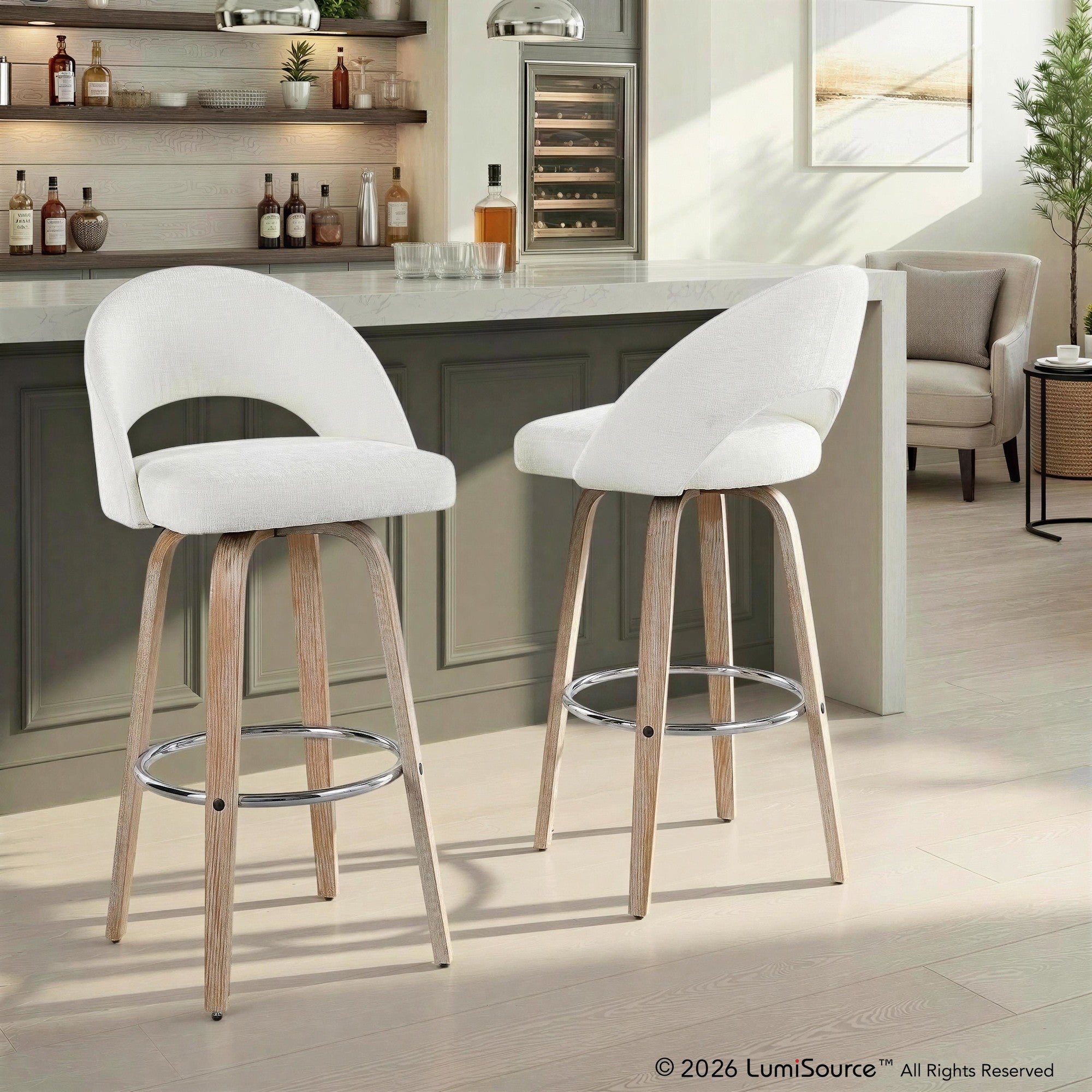 Renee Upholstered 30" Fixed-Height Barstool - Set of 2 - Whitewashed Wood, Cream Fabric, Chrome Metal
