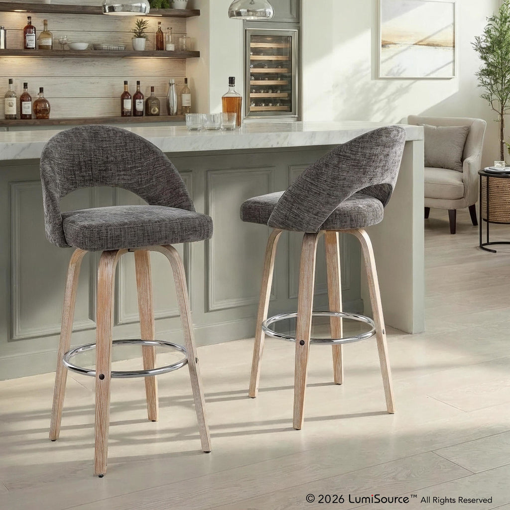 Renee Upholstered 30" Fixed-Height Barstool - Set of 2 - Whitewashed Wood, Dark Grey Fabric, Chrome Metal