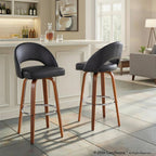 Renee Upholstered 30" Fixed-Height Barstool - Set of 2 - Walnut Wood, Black PU, Chrome Metal
