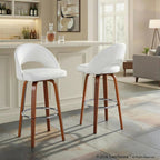 Renee Upholstered 30" Fixed-Height Barstool - Set of 2 - Walnut Wood, White PU, Chrome Metal