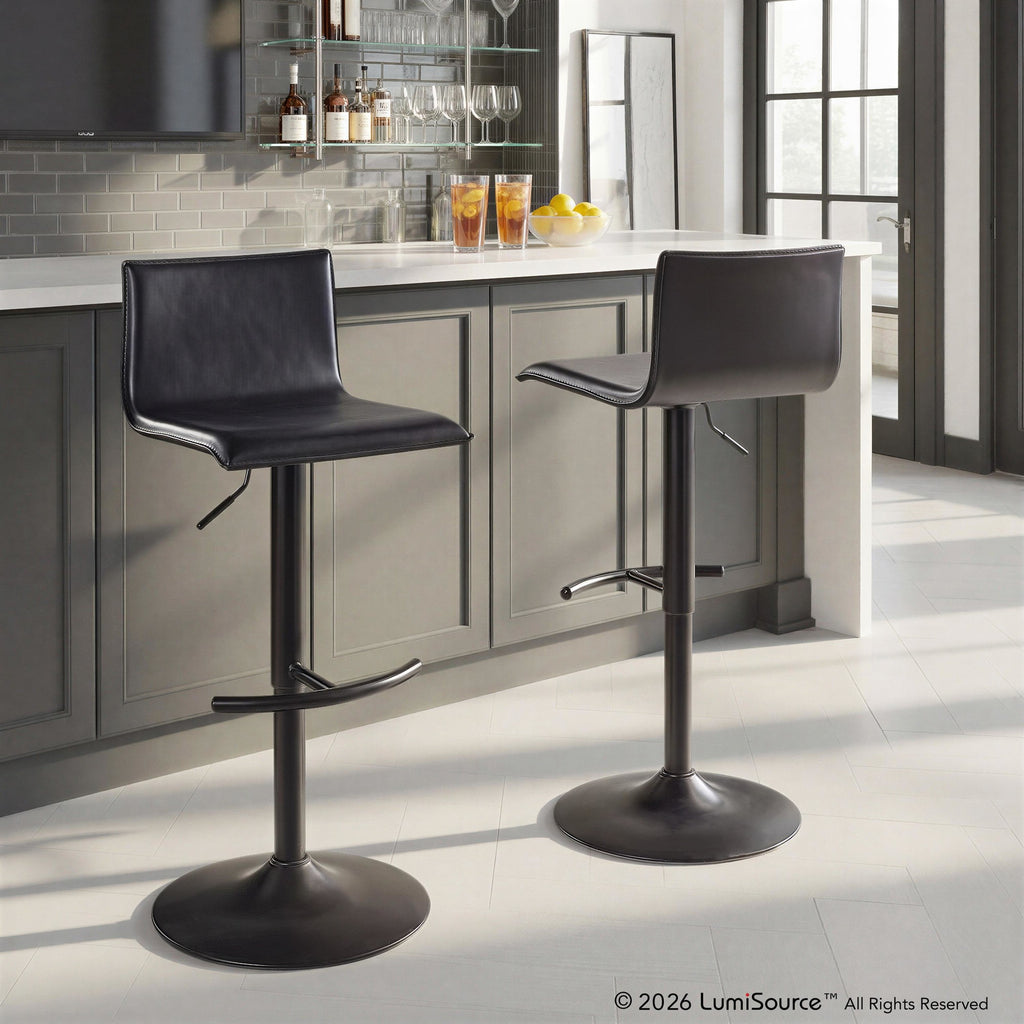 Mara Adjustable Barstool - Set of 2 - Black Metal, Black PU