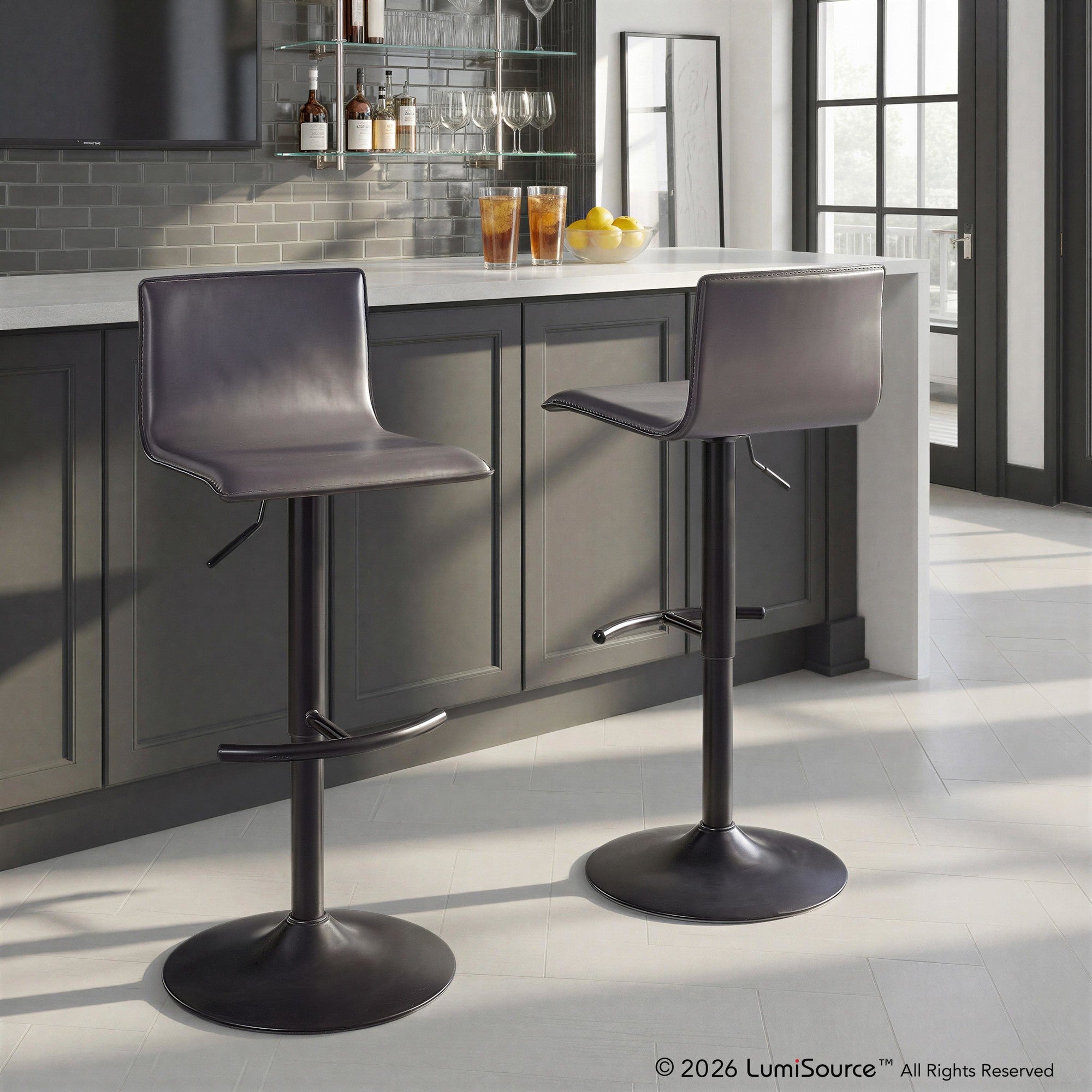 Mara Adjustable Barstool - Set of 2 - Black Metal, Grey PU