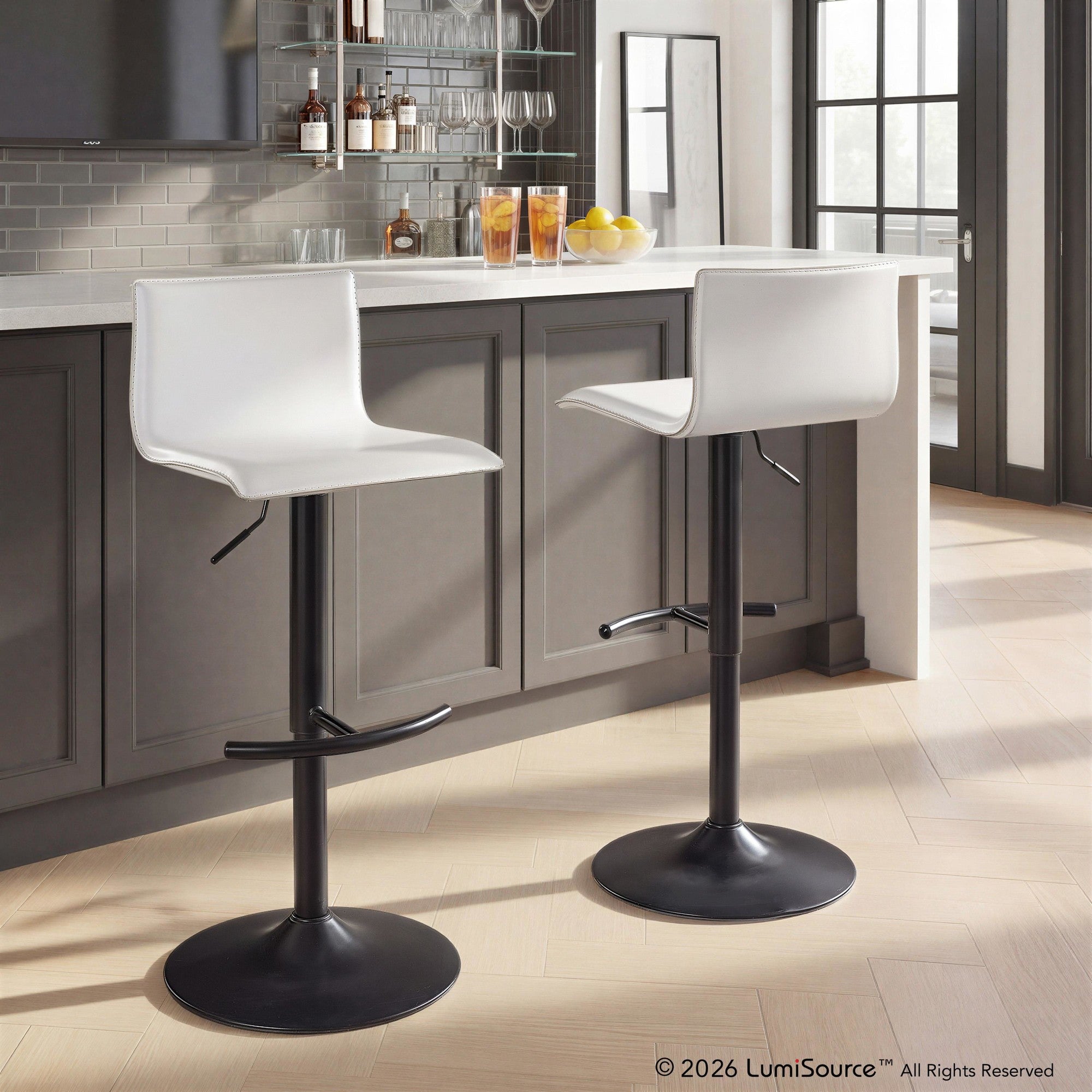Mara Adjustable Barstool - Set of 2 - Black Metal, White PU