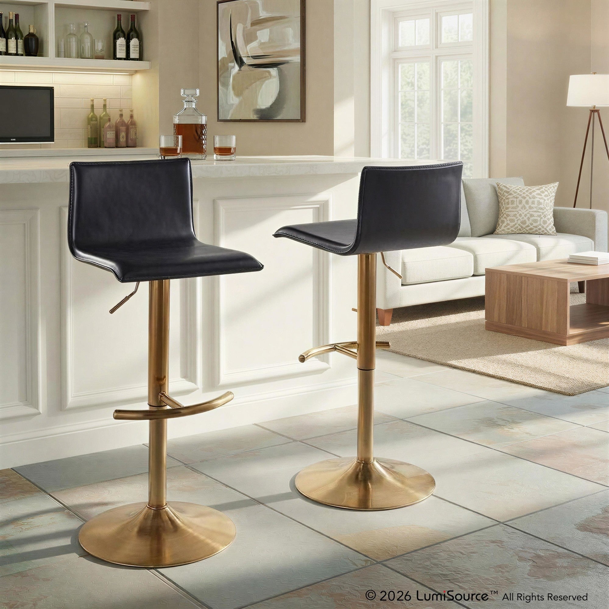 Mara Adjustable Barstool - Set of 2 - Gold Metal, Black PU