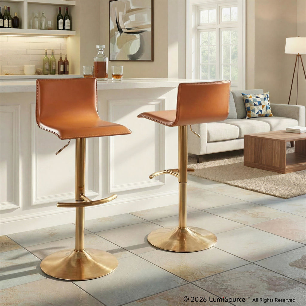 Mara Adjustable Barstool - Set of 2 - Gold Metal, Camel PU