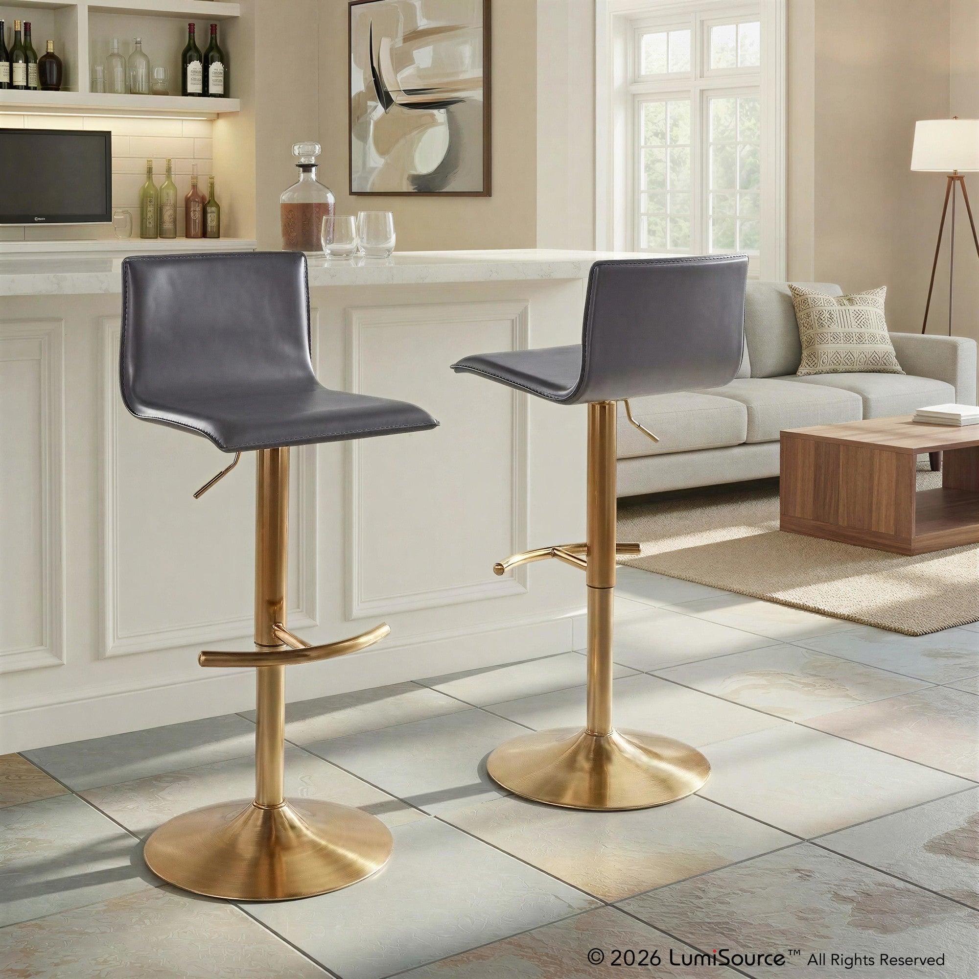 Mara Adjustable Barstool - Set of 2 - Gold Metal, Grey PU
