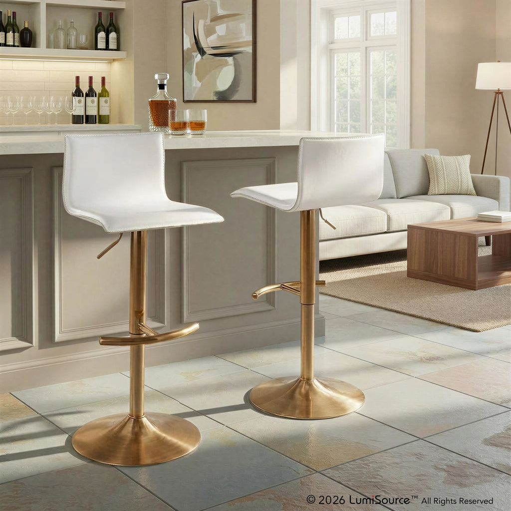Mara Adjustable Barstool - Set of 2 - Gold Metal, White PU