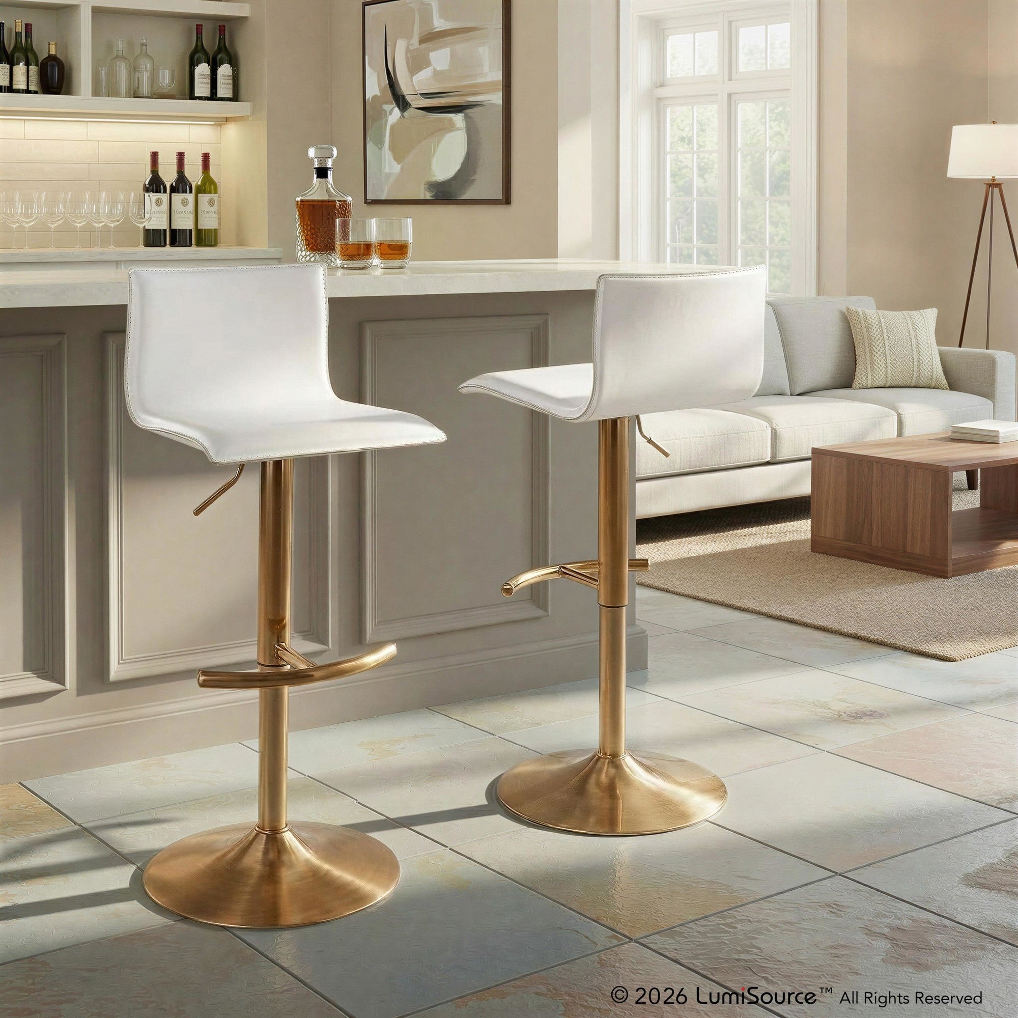 Mara Adjustable Barstool - Set of 2 - Gold Metal, White PU