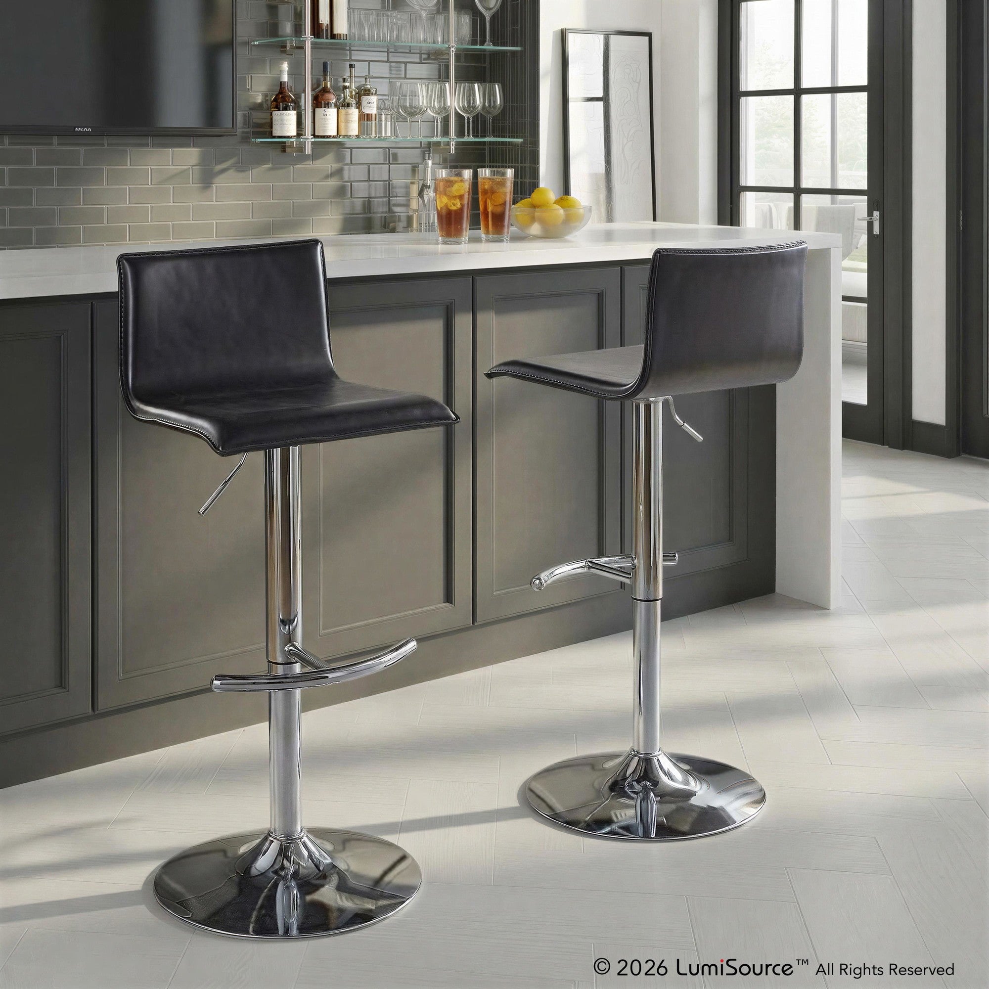 Mara Adjustable Barstool - Set of 2 - Chrome Metal, Black PU