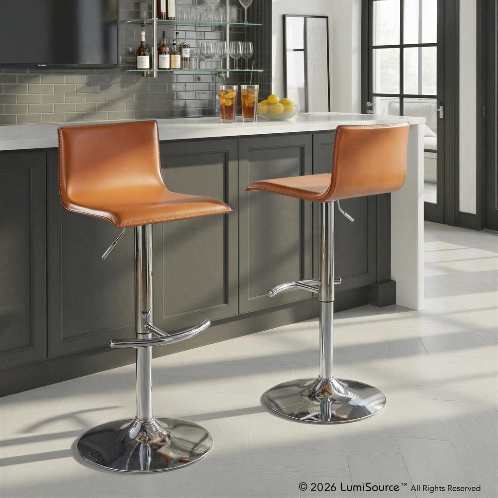 Mara Adjustable Barstool - Set of 2 - Chrome Metal, Camel PU