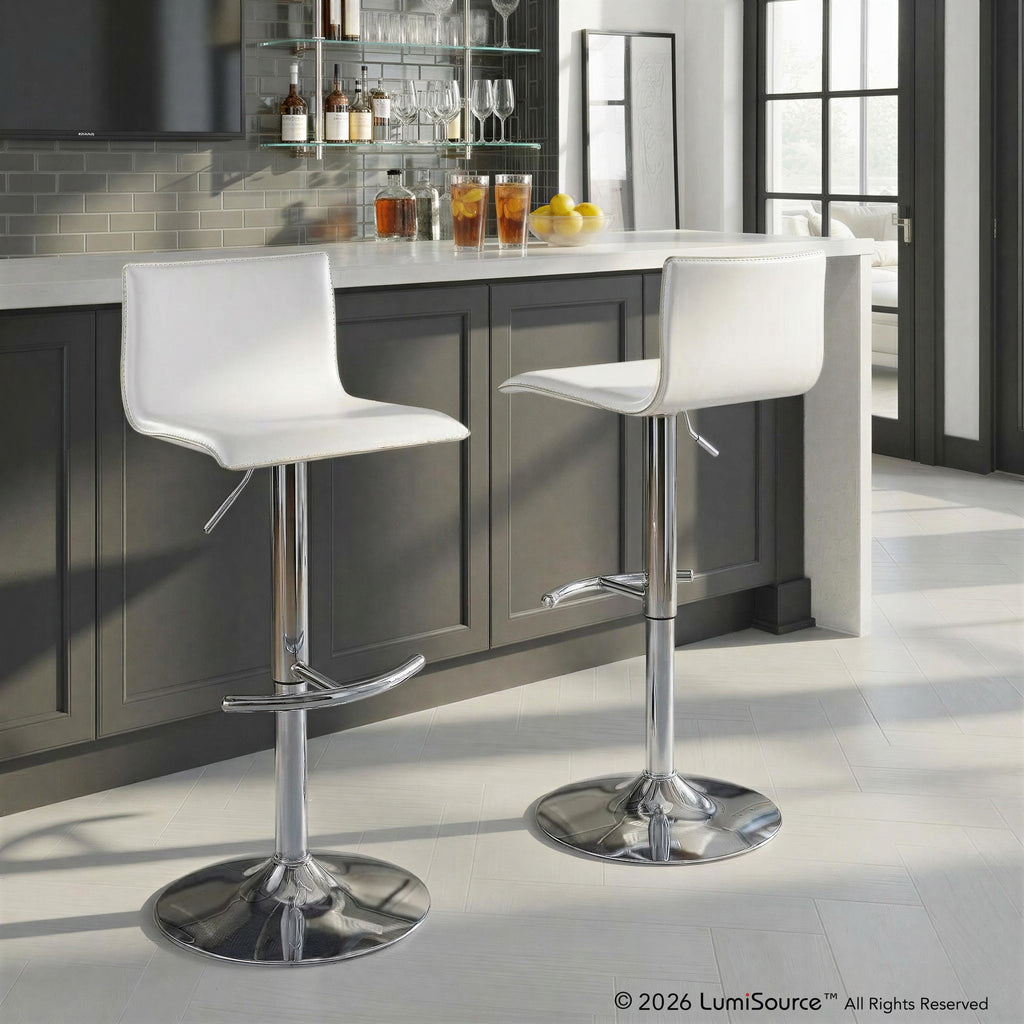 Mara Adjustable Barstool - Set of 2 - Chrome Metal, White PU