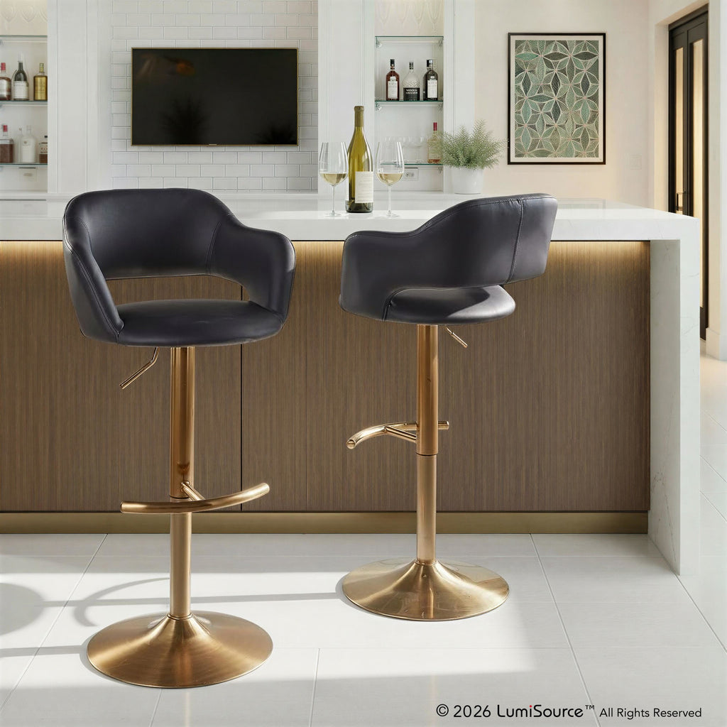 Margarite Adjustable Barstool - Set of 2 - Gold Metal, Black Pu