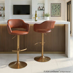 Margarite Adjustable Barstool - Set of 2 - Gold Metal, Brown Pu