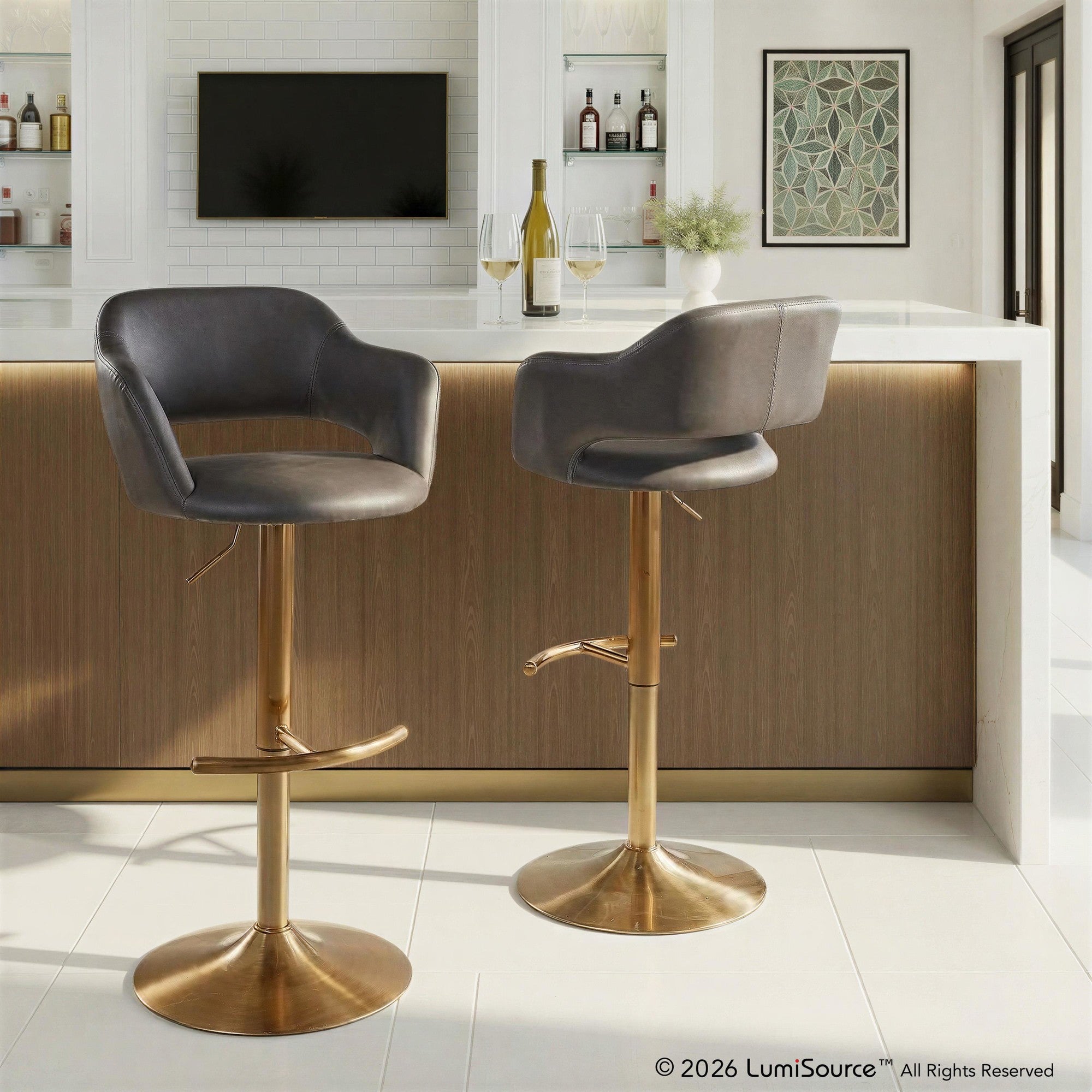 Margarite Adjustable Barstool - Set of 2 - Gold Metal, Grey Pu