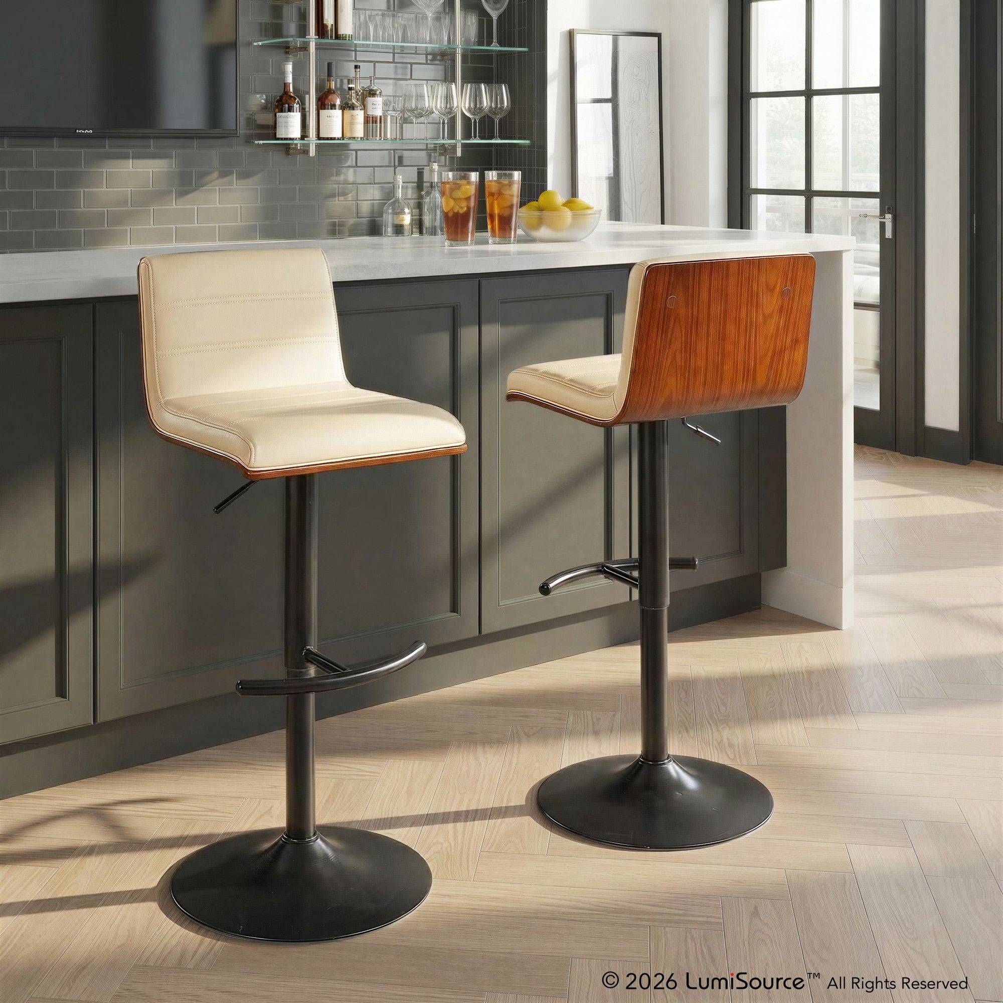 Vasari Adjustable Barstool - Set of 2 - Black Metal, Walnut Wood, Cream Pu