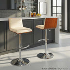 Vasari Adjustable Barstool - Set of 2 - Chrome Metal, Walnut Wood, Cream Pu