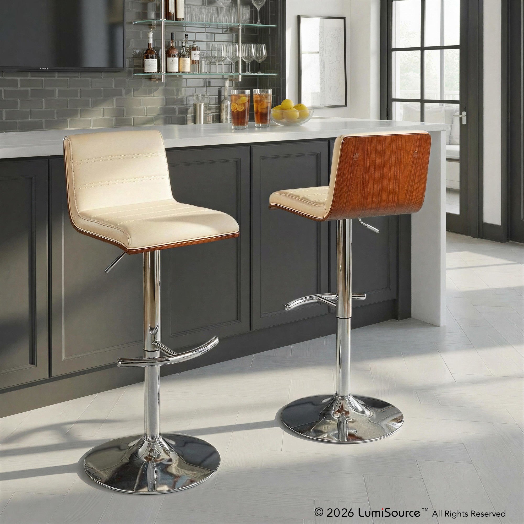 Vasari Adjustable Barstool - Set of 2 - Chrome Metal, Walnut Wood, Cream Pu