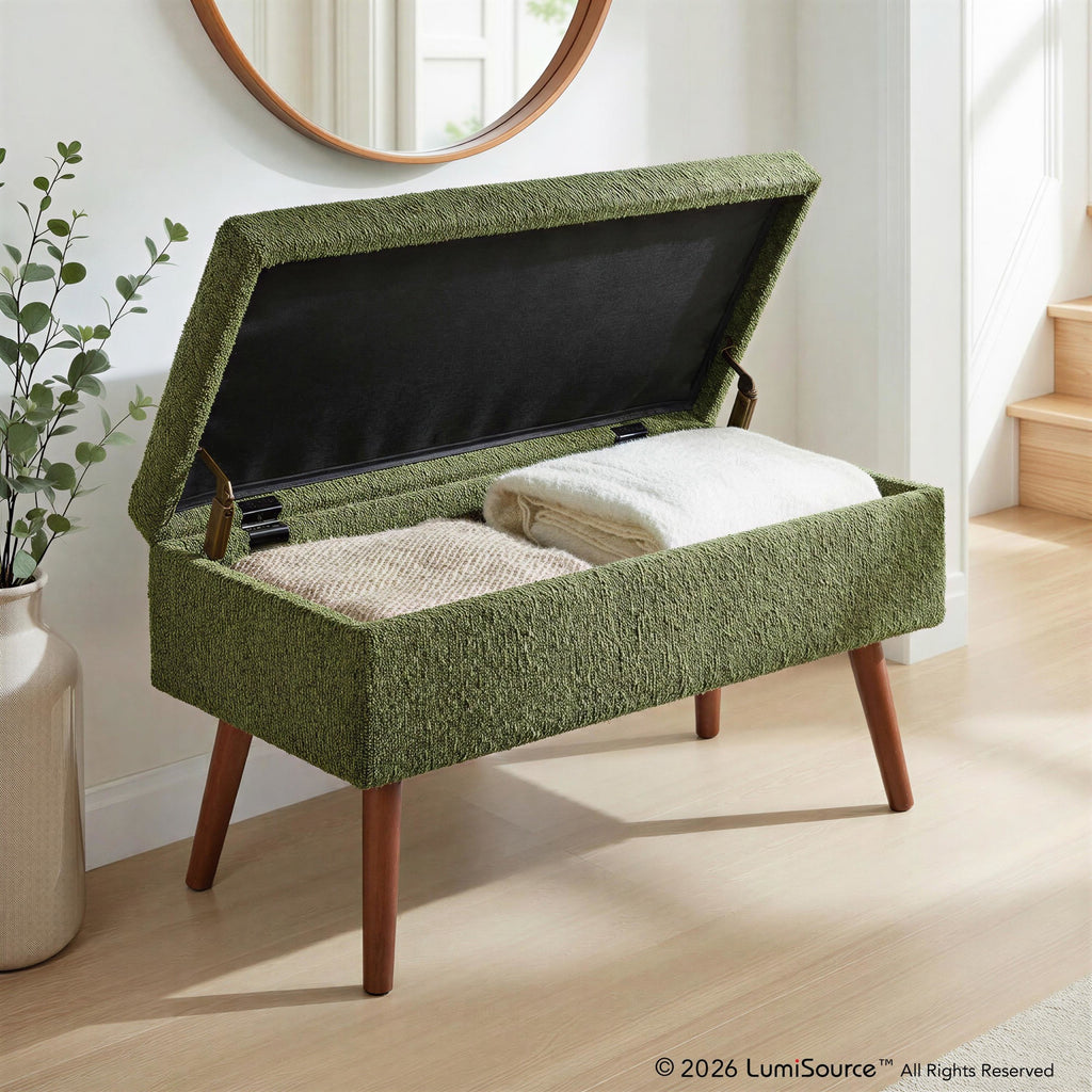 Storage Bench - Brown Wood, Dark Green Fabric