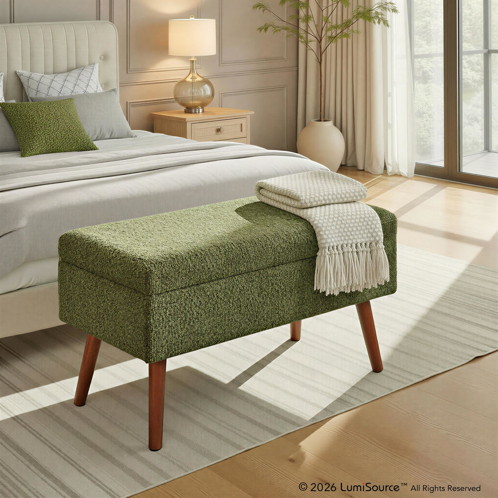 Storage Bench - Brown Wood, Dark Green Fabric