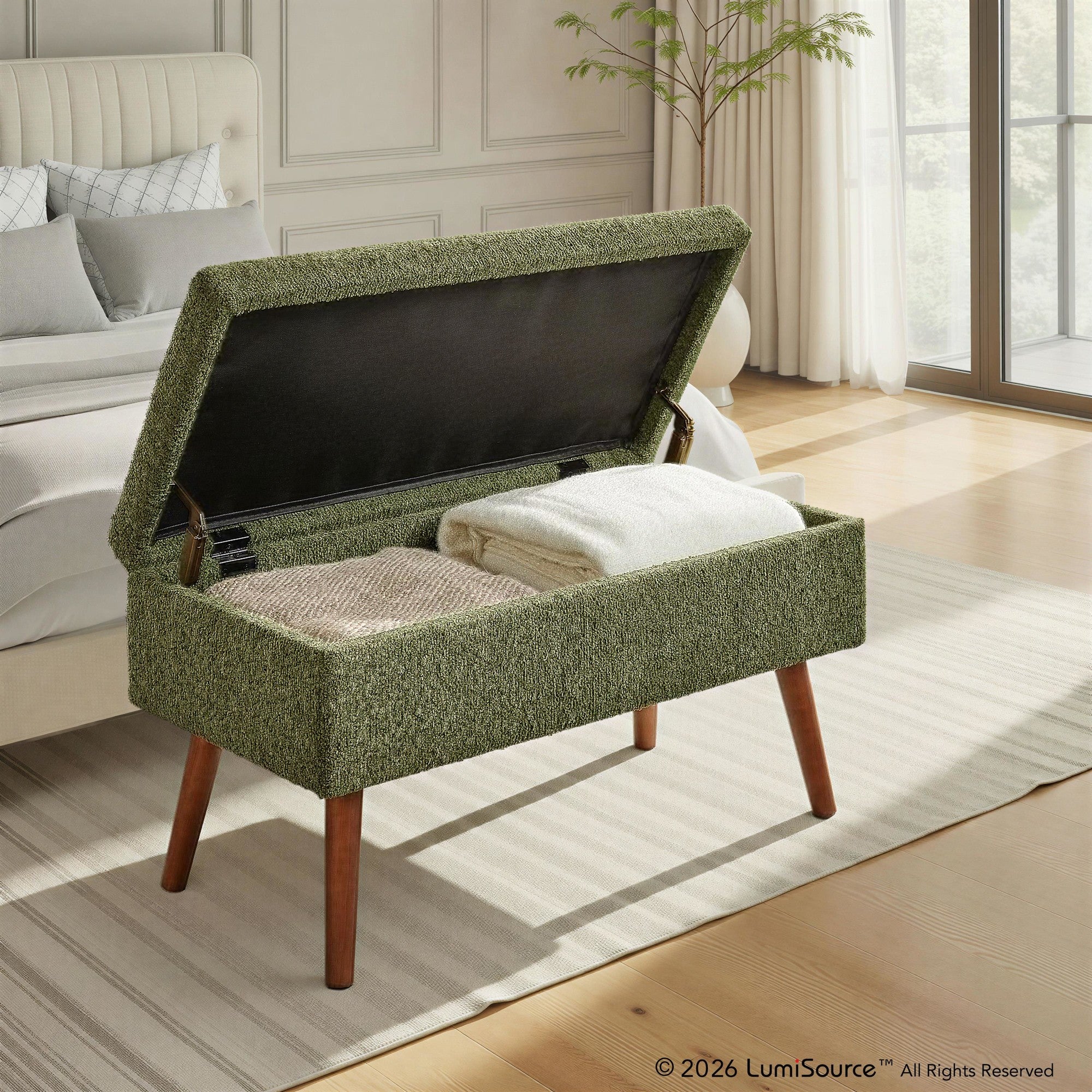 Storage Bench - Brown Wood, Dark Green Fabric