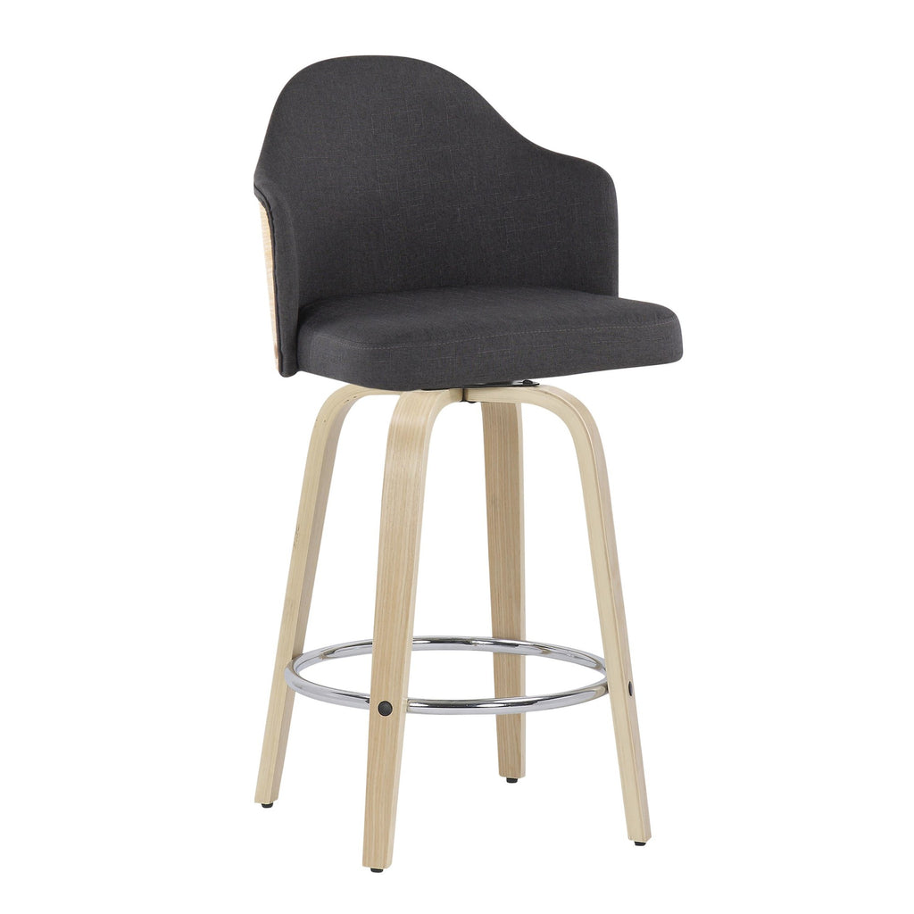 Ahoy 26" Fixed-Height Counter Stool - Set of 2 - Natural Bamboo, Charcoal Fabric, Chrome