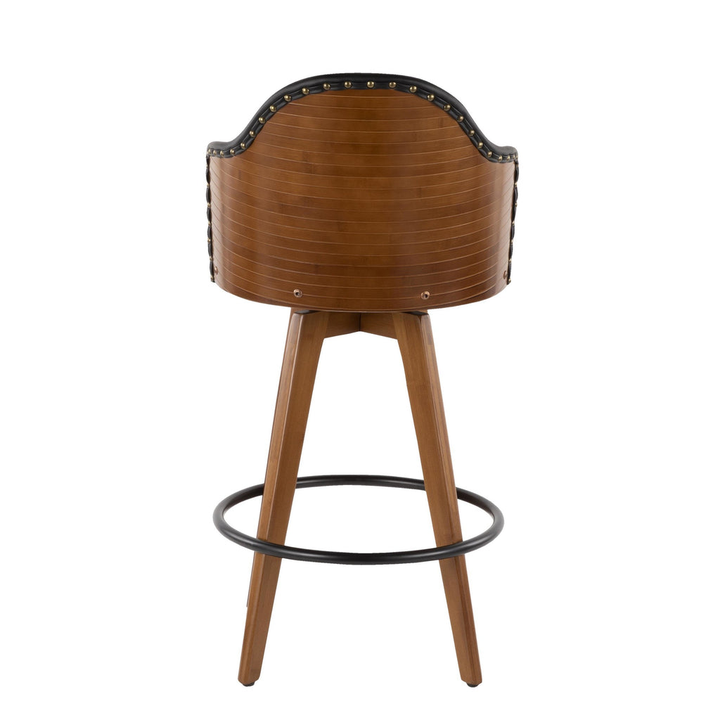 Ahoy 26" Fixed-Height Counter Stool - Walnut Bamboo, Black PU, Black Metal, Brass Metal