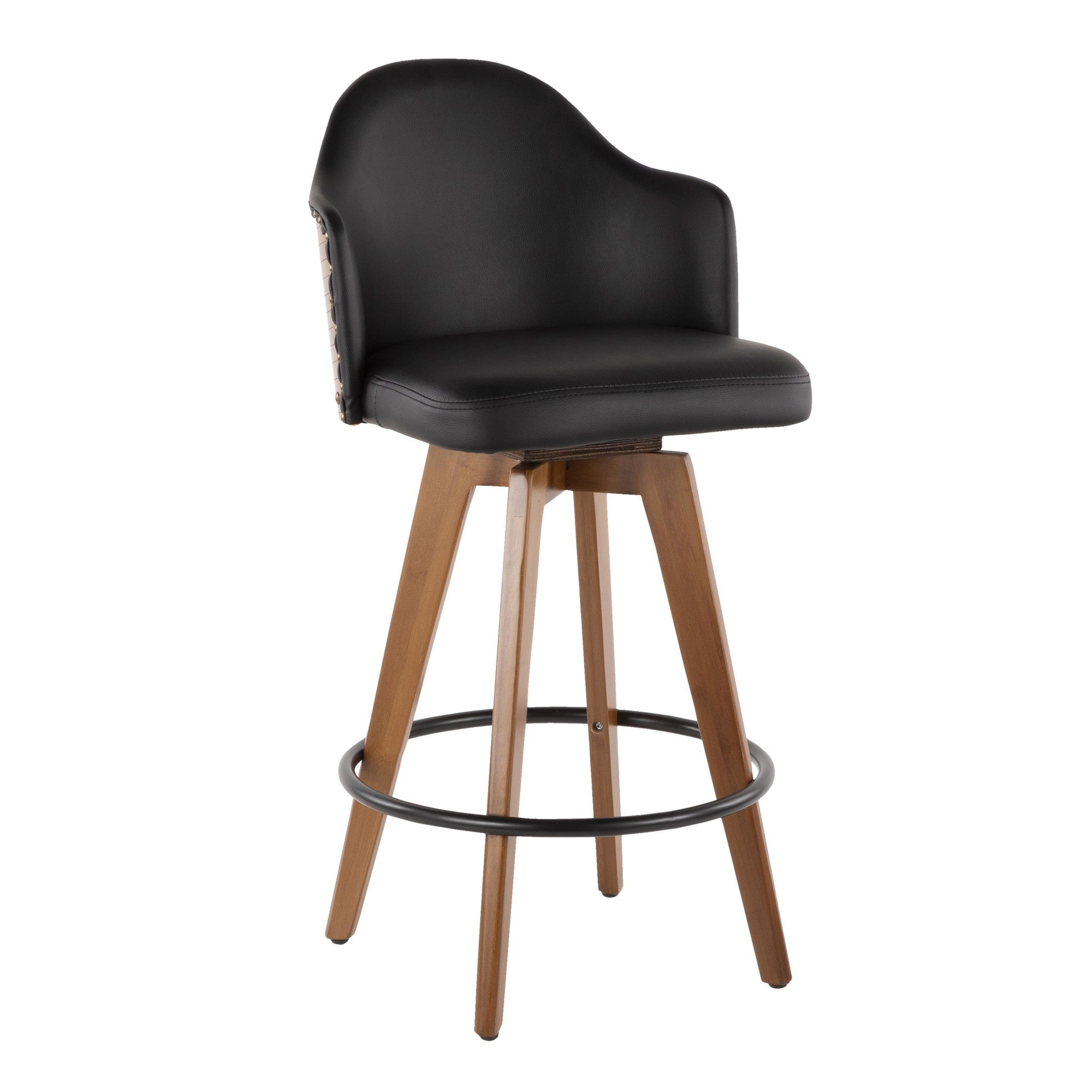 Ahoy 26" Fixed-Height Counter Stool - Walnut Bamboo, Black PU, Black Metal, Brass Metal