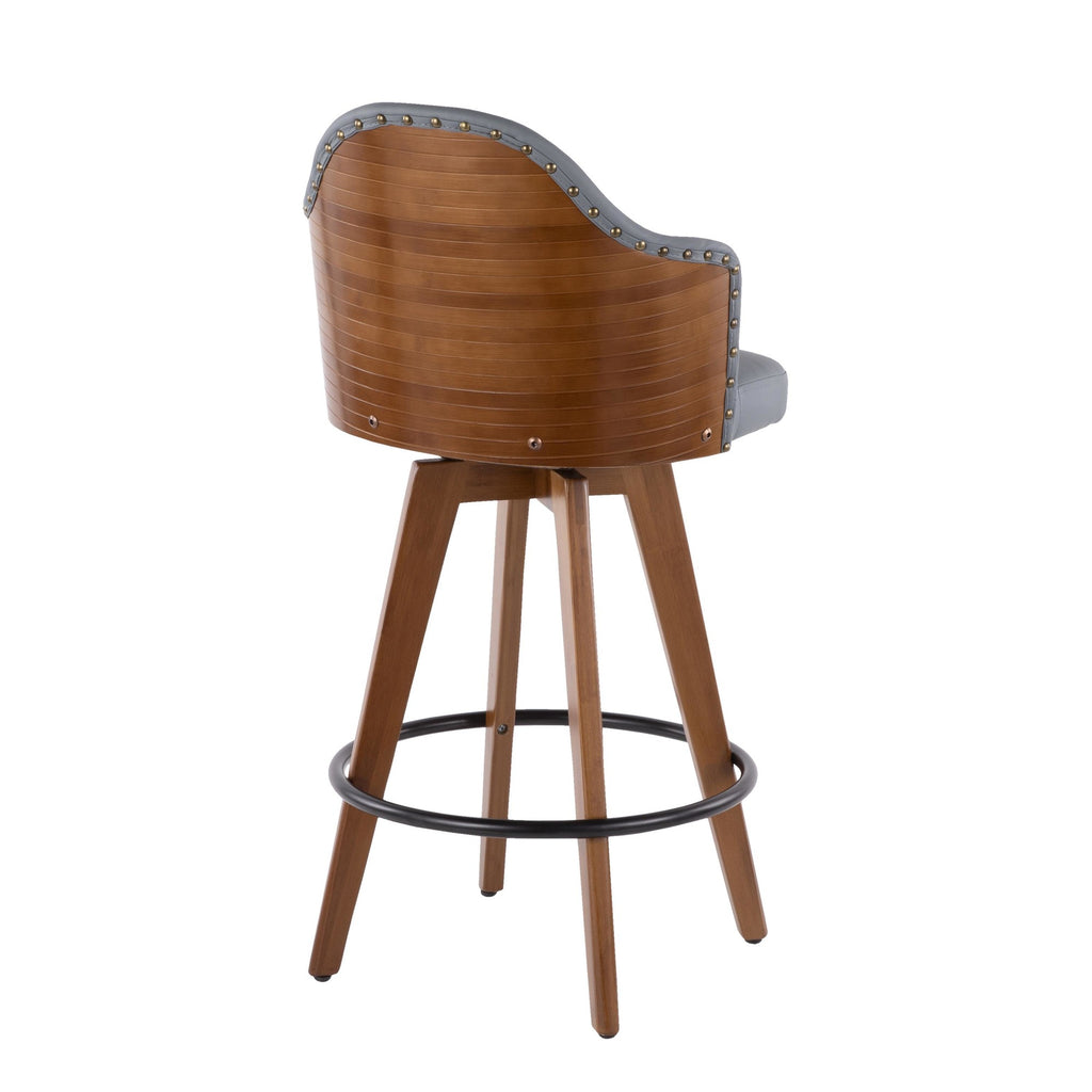 Ahoy 26" Fixed-Height Counter Stool - Walnut Bamboo, Grey PU, Black Metal, Brass Metal