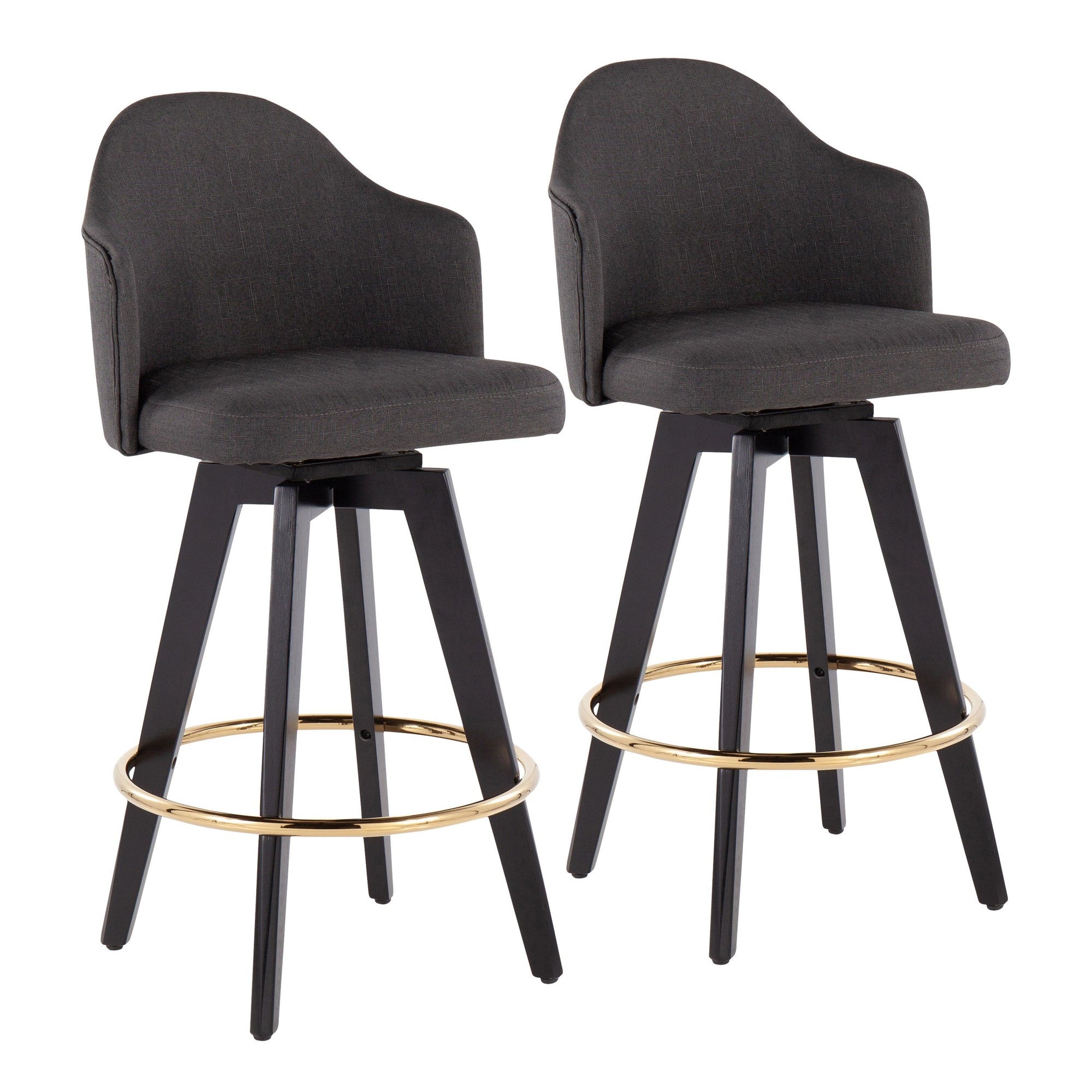 Ahoy 26" Fixed-Height Counter Stool - Set of 2 - Black Wood, Chrome, Charcoal Fabric