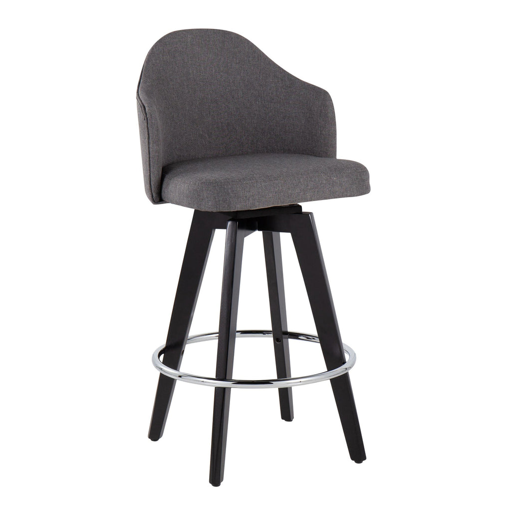 Ahoy 26" Fixed-Height Counter Stool - Set of 2 - Black Wood, Chrome, Grey Fabric
