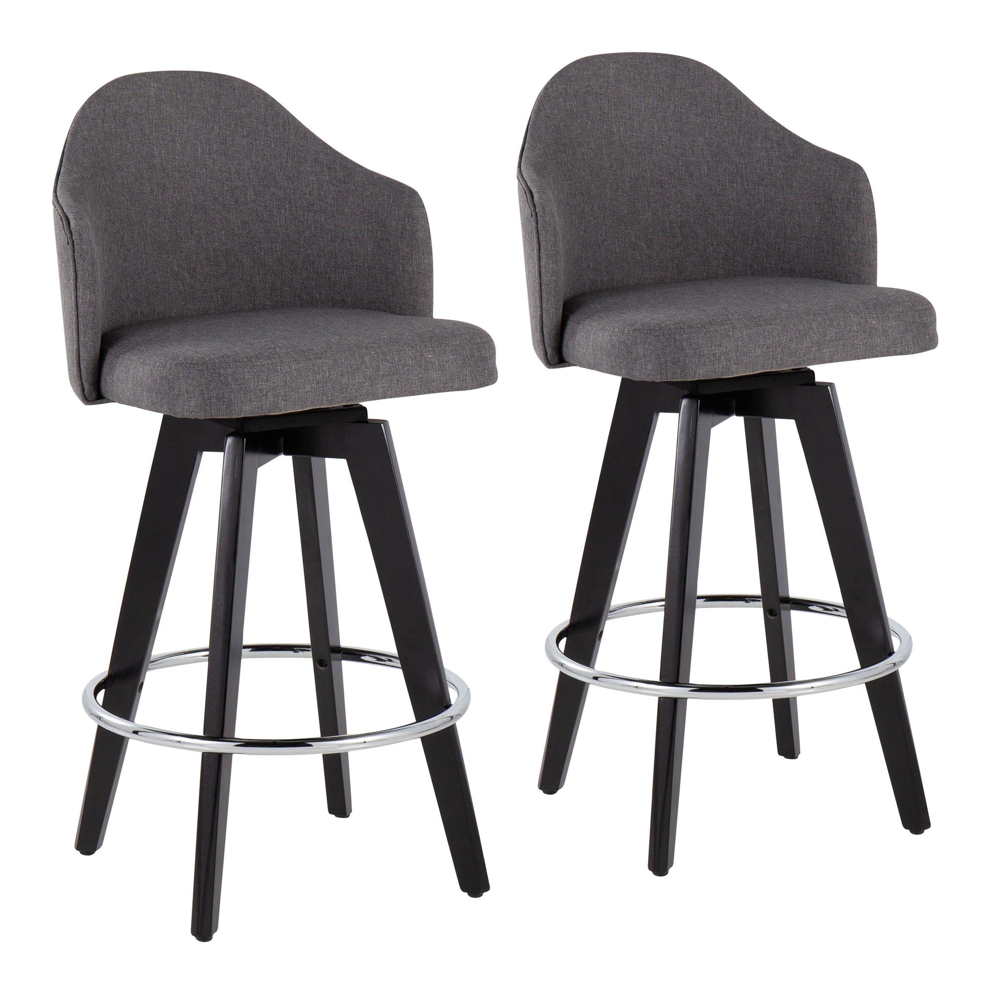 Ahoy 26" Fixed-Height Counter Stool - Set of 2 - Black Wood, Chrome, Grey Fabric