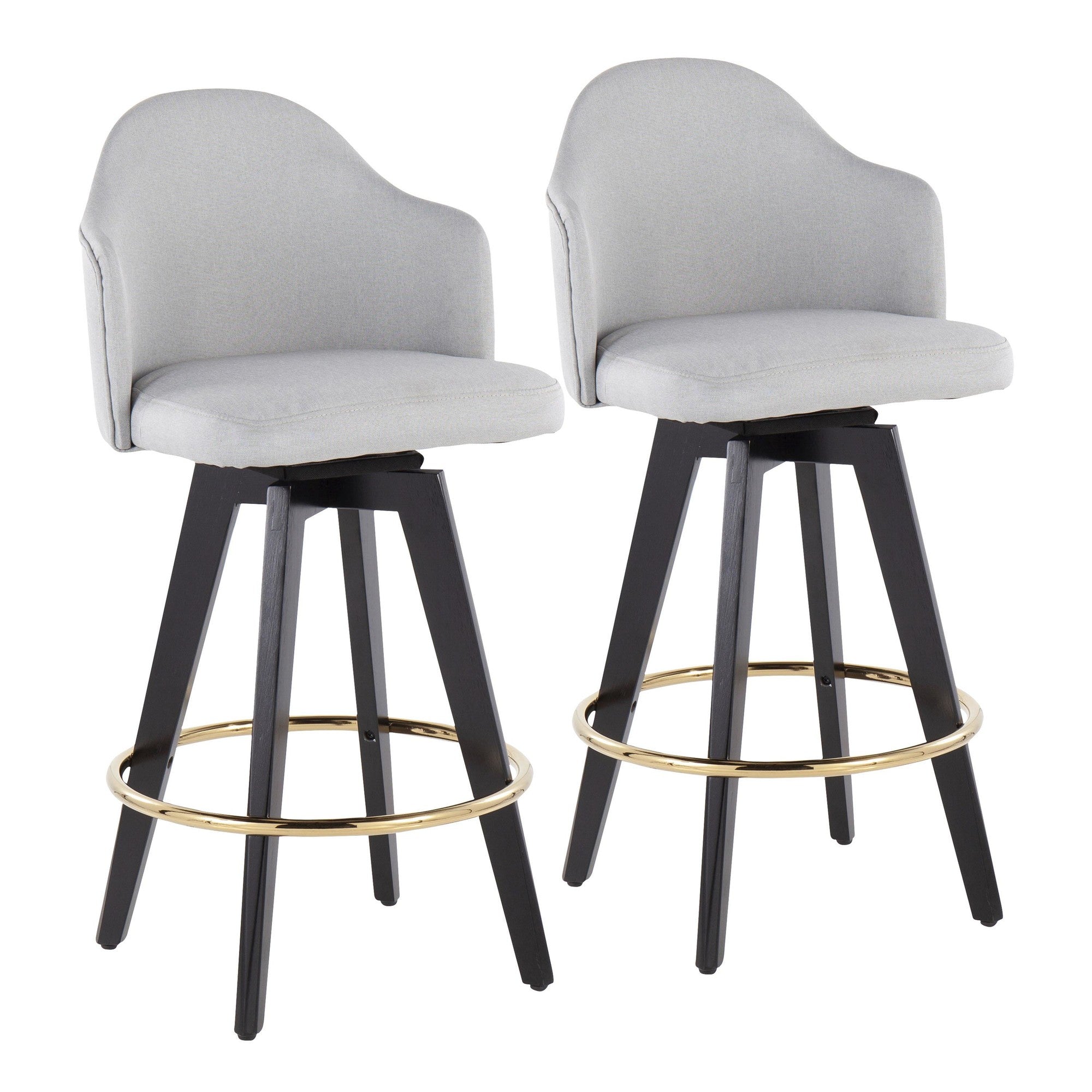 Ahoy 26" Fixed-Height Counter Stool - Set of 2 - Black Wood, Chrome, Light Grey Fabric
