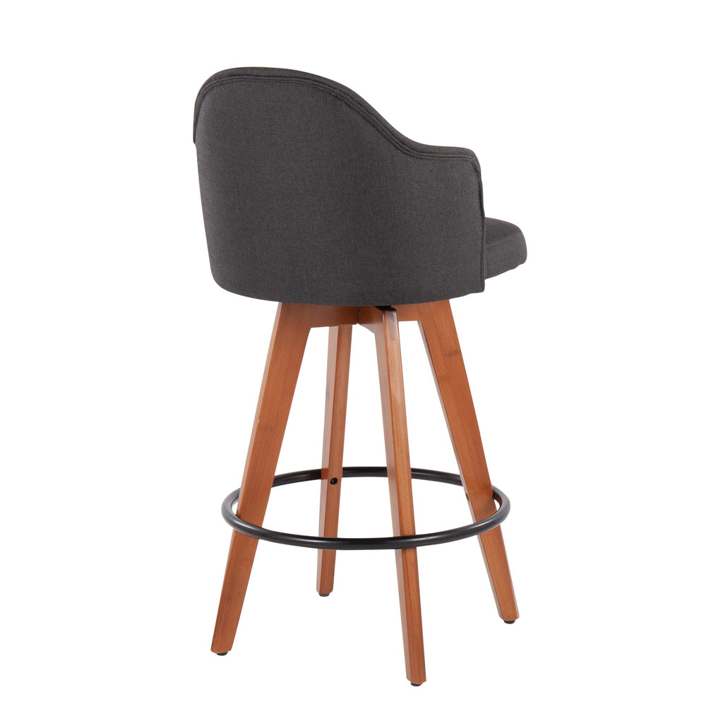 Ahoy 26" Fixed-Height Counter Stool - Set of 2 - Walnut Bamboo, Charcoal Fabric, Black Metal
