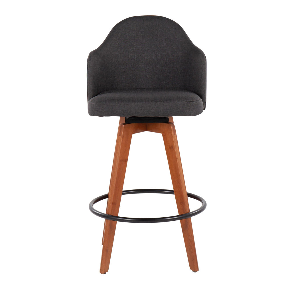 Ahoy 26" Fixed-Height Counter Stool - Set of 2 - Walnut Bamboo, Charcoal Fabric, Black Metal