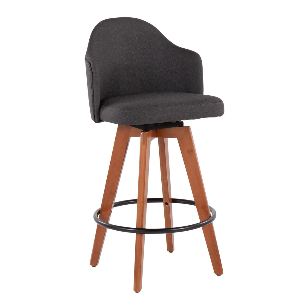 Ahoy 26" Fixed-Height Counter Stool - Set of 2 - Walnut Bamboo, Charcoal Fabric, Black Metal