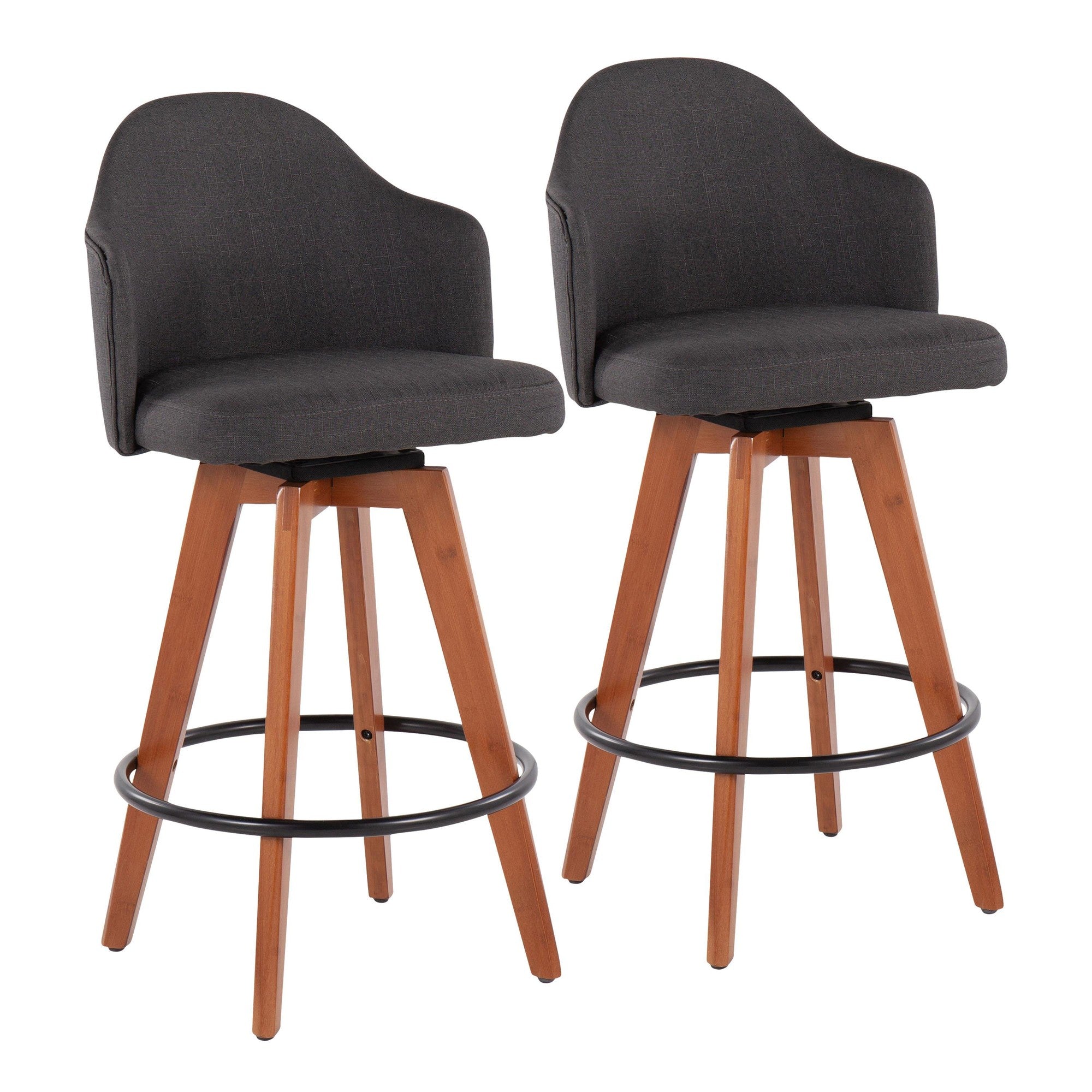Ahoy 26" Fixed-Height Counter Stool - Set of 2 - Walnut Bamboo, Charcoal Fabric, Black Metal