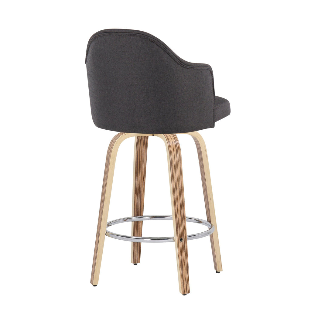 Ahoy 26" Fixed-Height Counter Stool - Set of 2 - Zebra Wood, Chrome, Charcoal Fabric
