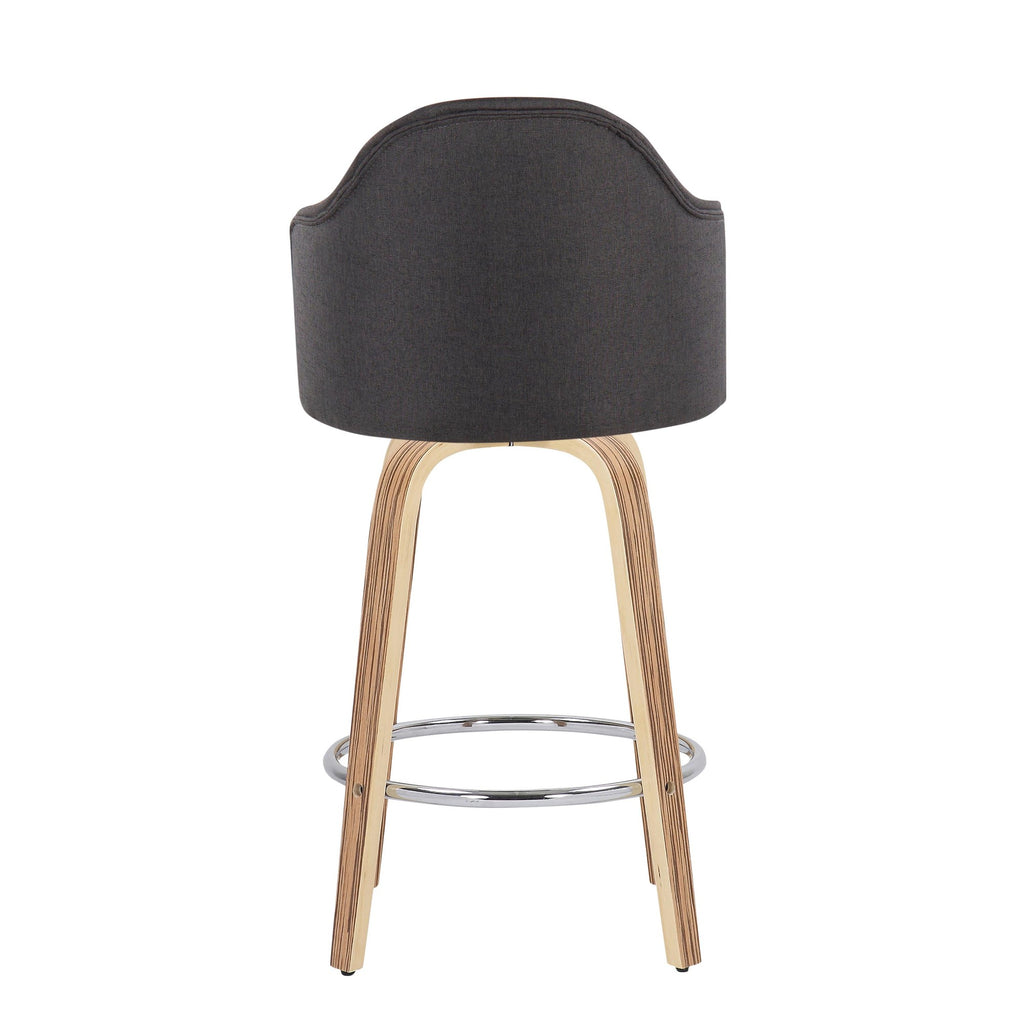 Ahoy 26" Fixed-Height Counter Stool - Set of 2 - Zebra Wood, Chrome, Charcoal Fabric